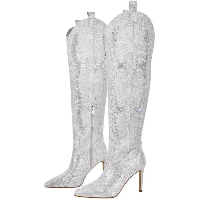 Pointed Toe Stiletto Rhinestone Over The Knee Boots