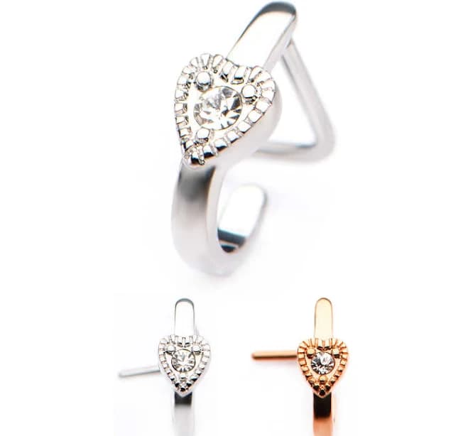 L-Bend Tribu Nose Huggers with Heart and Clear CZ Gem