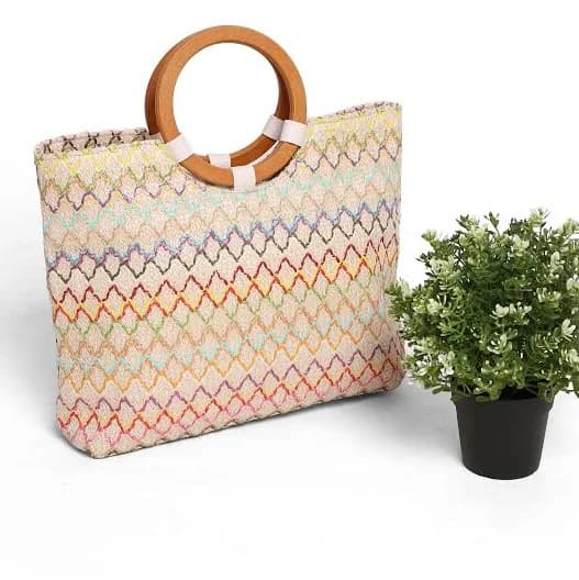 Straw Wooden Round Handle Tote Bag