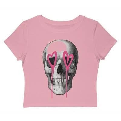 Rerun Island Women Skull Pink Heart Eyes Short Sleeve Graphic Cotton Baby T-Shirt