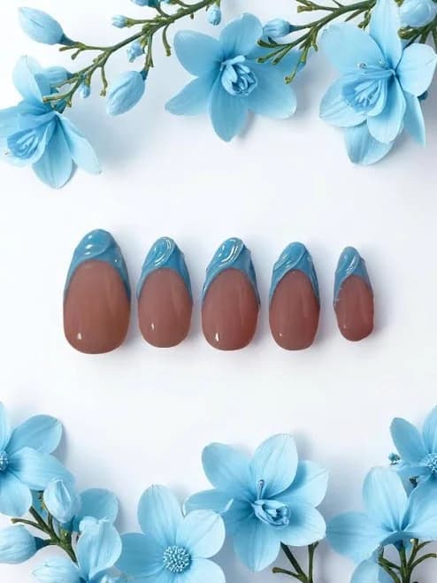 French Nail Style, Hand-Painted Medium Almond pictured, Blue 3D French tips 10-Piece Set