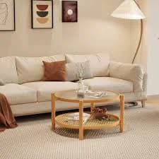2-Tier Bamboo Coffee Table with Glass Top