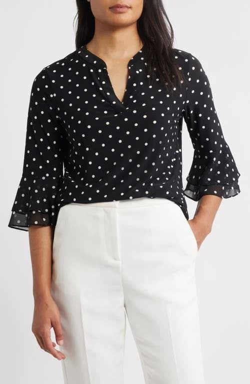 Kasper Women's Polka Dot Flutter Sleeve Top