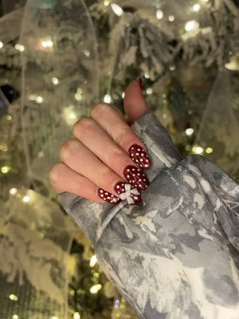 Cute Chic Nails With Red Polish And White Polka Dots With Cute Little