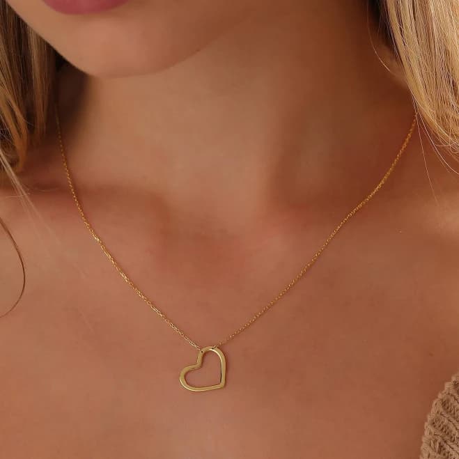 14K Gold Dainty Heart Outline Necklace