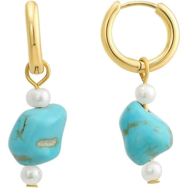 Roman Gold-Tone Hoop Earrings with Turquoise and Pearl Dangle