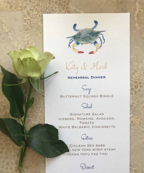 Blue Crab Elegant Event Menu, Personalized Dinner Menu