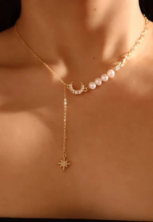 14K Gold Plated Pearl Moon Star Necklace