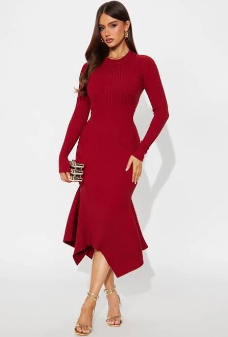 Fashion Nova Asymmetrical High Neck Ribbed Midi Dress