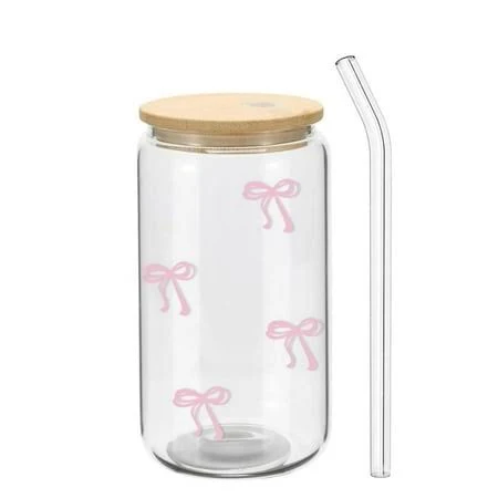 Boriyuan 16 oz Glass Iced Coffee Cup with Lid and Straw
