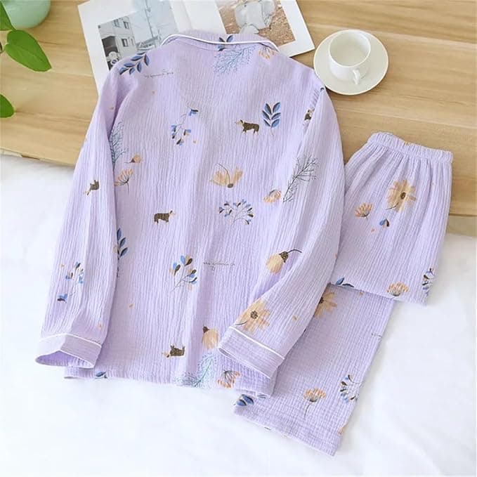 Rfmfkkg Cotton Pajamas For Women Long-Sleeved Home Wear Simple Pajamas Set Warm Button-Up Sleepwear Lounge 02 M at Amazon Women's Clothing store