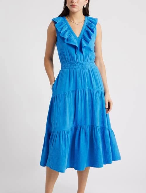 Caslon Ruffle Sleeveless Tiered Cotton Midi Dress