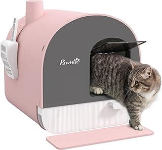PawHut Cat Litter Box with Lid, Covered Litter Box for Indoor Cats with Tray, Scoop, Mat, Filter, 17" x 17" x 18.5", Pink