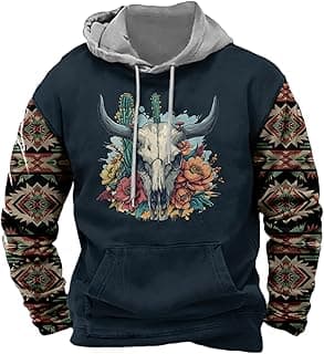 Mens Trendy Aztec Cowboy Hoodie Fall Vintage Graphic Western Crewneck Sweatshirt Casual Outfits