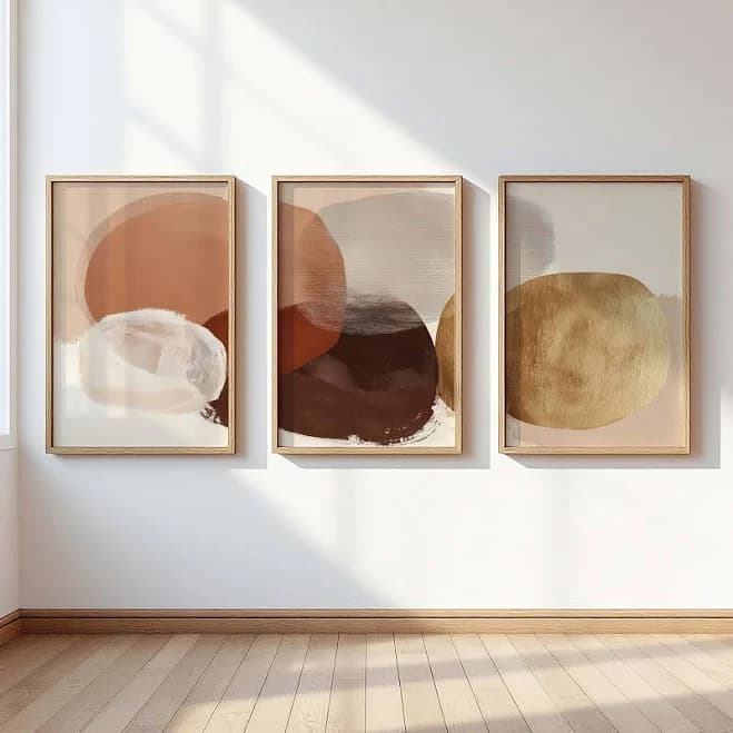 Abstract Brush Circles Triptych, Terracotta Brown with Gold Accents, Minimalist Neutral Wall Art Set of 3, Modern Prints for Living Room