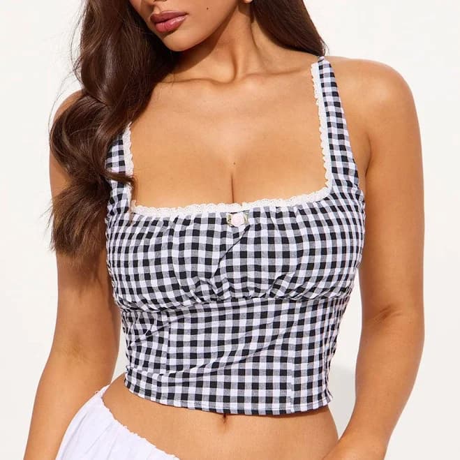 Fashion Nova Sleeveless Poplin Tank Top with Gingham Charm