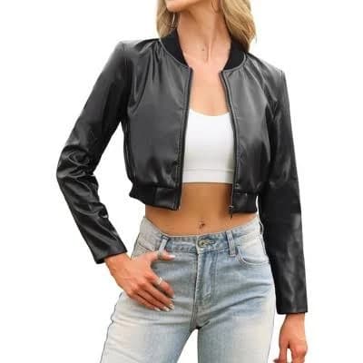 Inspire Chic Women's Cropped Faux Leather Bomber Jacket