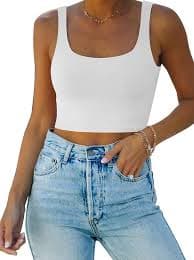 REORIA Women's Summer Sexy Basic Sleeveless Square Neck Fitted Seamless Yoga Cropped Tank Cute Crop Tops for Teen Girls White Small at Amazon Women's Clothing store