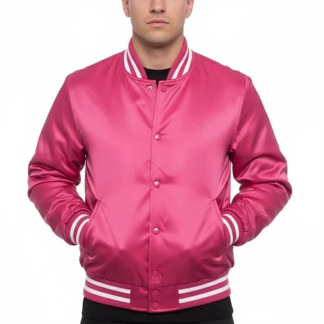 Satin Bomber Jacket Pink White Trims Bomber College Retro Varsity