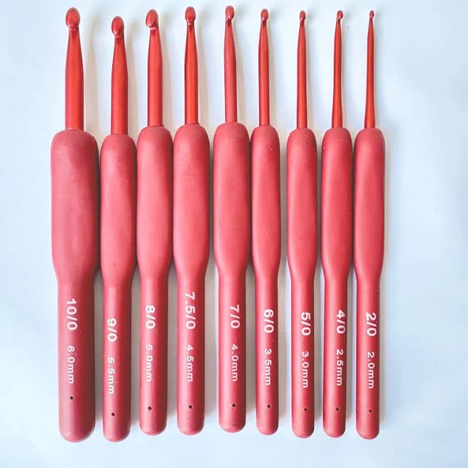 Ergonomic crochet hook.2.-6mm. 9 sizes for pick. Red silicone handle. full set hooks, yarn hook, armour hooks, clover hook crotchet set.