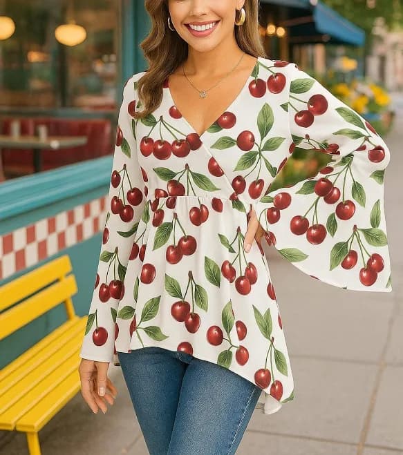 Women's V-Neck Bell Sleeve Peplum Blouse