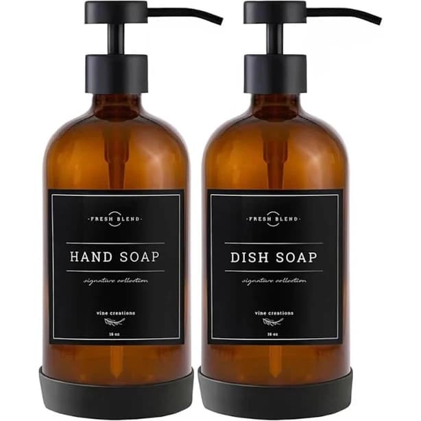 Amber Glass Soap Dispenser Set
