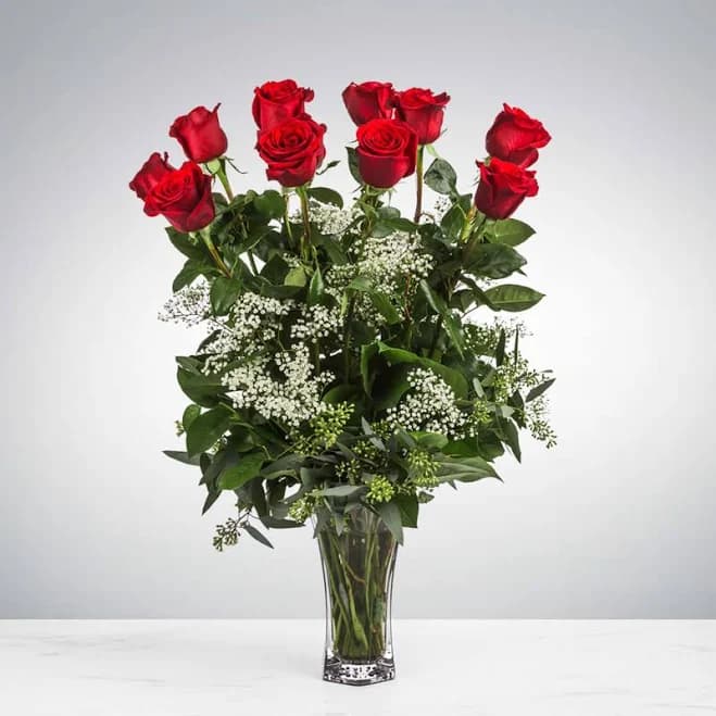 SWF Dozen Long Stemmed Roses with Baby's Breath