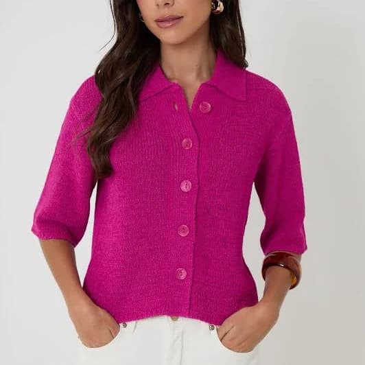Women's Knitted Yarn Button Up Polo Shirt