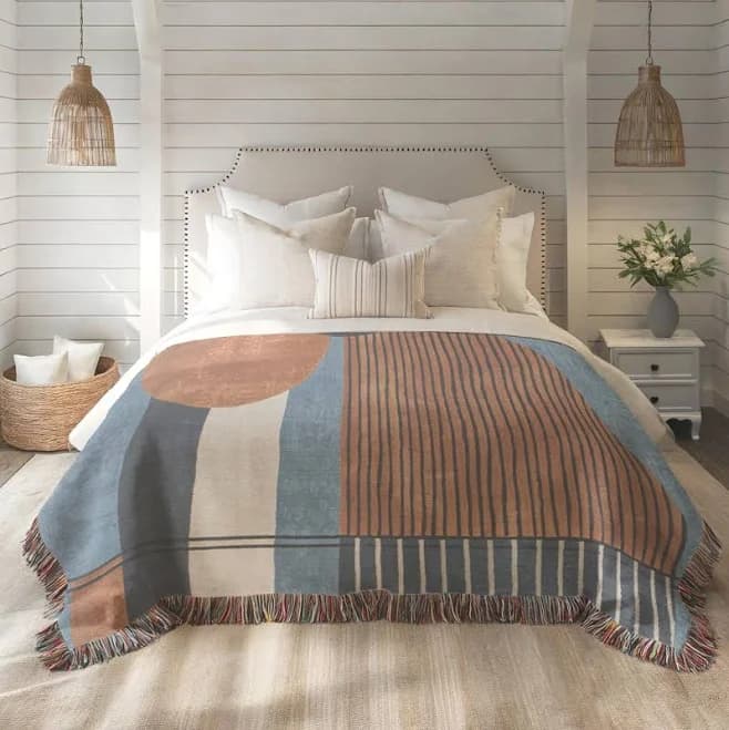 Living Room Woven Blanket in Blue Rust Brown, Modern MCM Design, Minimalist Decorative Throw for Bed & Sofa, Elegant Home Decor and Bedding
