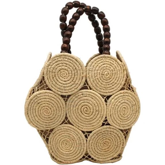 Romy Crochet Disc Straw Handbag with Wooden Bead Handles