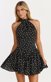Ruby Mini Dress - Halter Neck Tie Drop V Waist Gathered Dress in Black Polka Dot Print | Showpo USA