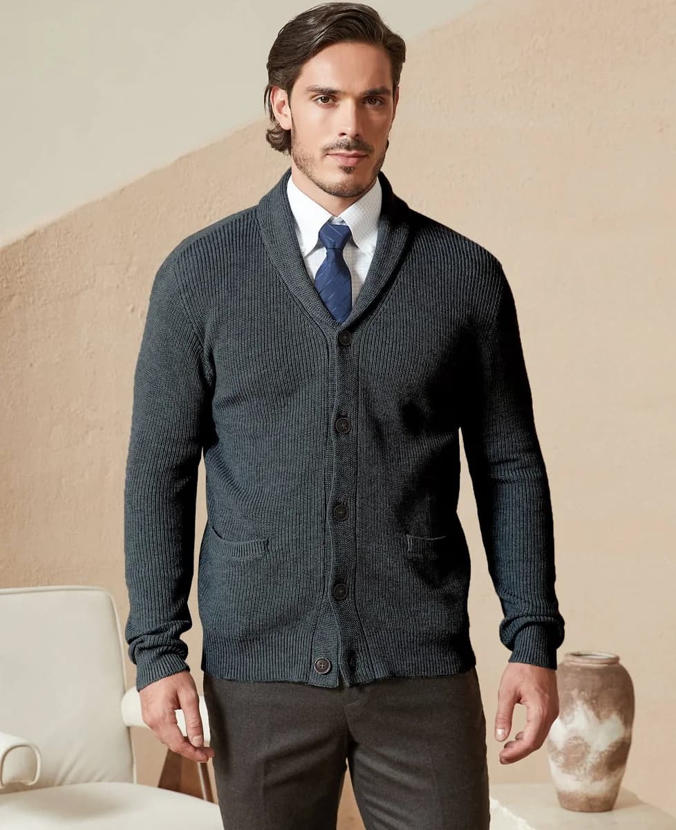 Kallspin Men's Wool Shawl-Collar Button Down Cardigan