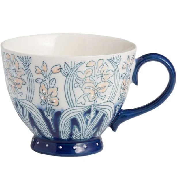 World Market Blue and Blush Floral Hand Painted Ceramic Mug