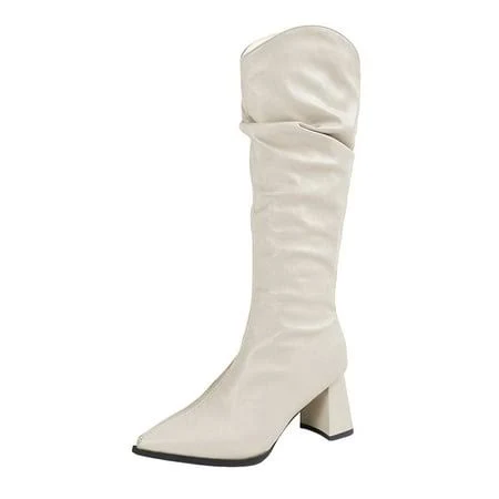 Oyedens Women's Slim Fit Pointed Toe Chunky Heel Leather Dress Boots