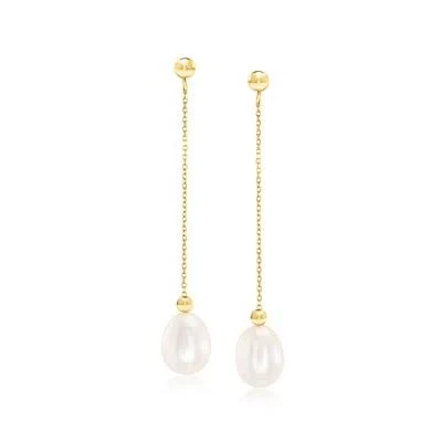 14kt Yellow Gold Cultured Pearl Bead and Chain Drop Earrings
