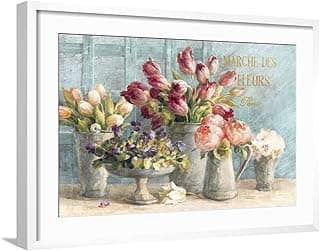 Wall Art Print Marche des Fleurs Blue Gold on White Frame by Danhui Nai, 29" x 21"