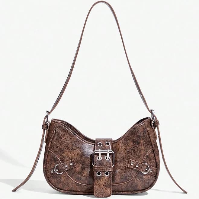 SHEIN Brown Rivet Buckle Shoulder Bag Women's Handbags Satchels Punk Y2K Aesthetic Adjustable Strap Polyester Halloween Funky Baguette Gothic