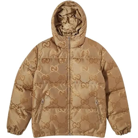 Gucci Gg Jacquard Down Hooded Men Jacket - Beige