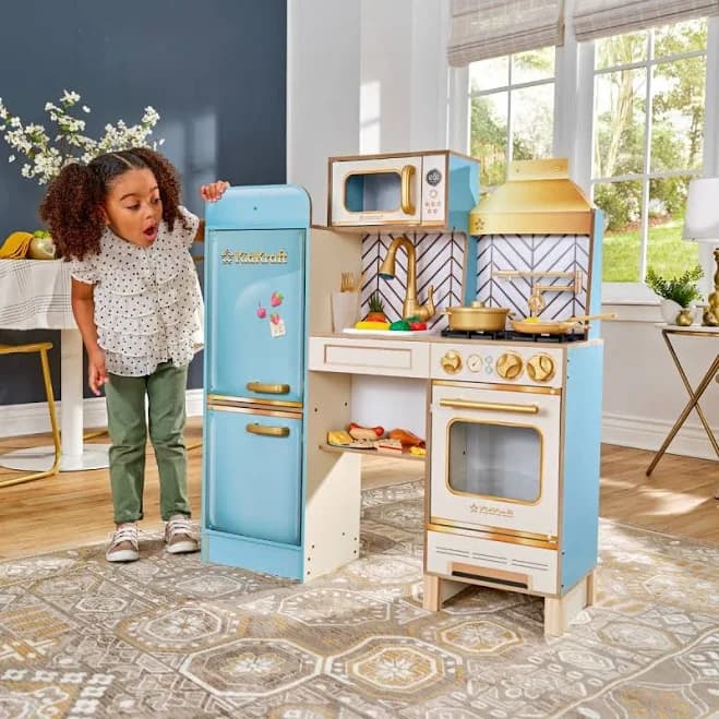 Retro Cool Wooden Play Kitchen with Lights, Sounds and 20 Accessories