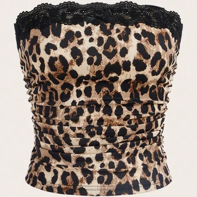 SHEIN Women's Leopard Print Lace Trim Bandeau Tube Top