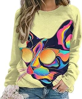 Women's Y2K Art Cat Sweatshirts Fall Abstract Graphic Pullover Tops Long Sleeve Oil Painting Cat Printed T Shirts