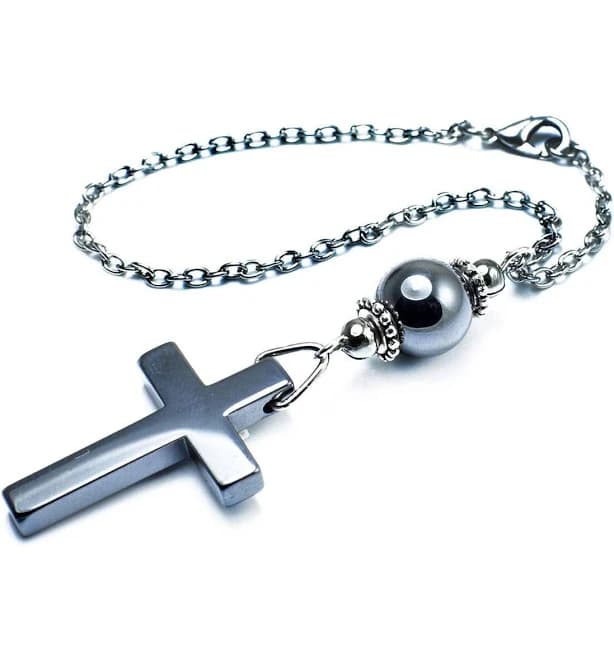 Rearview Mirror Charm, Hematite Christian Cross Car Dangler Ornament, Accessories, Gift