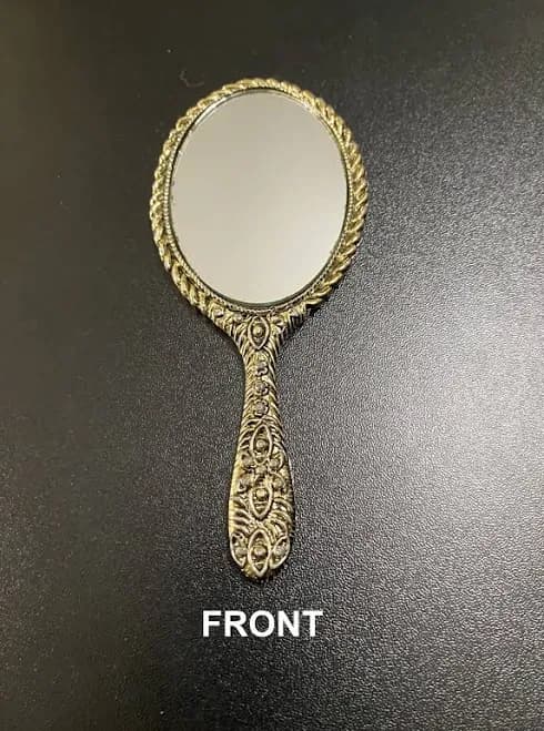 Antique Vanity Hand Mirror 5" Beautiful Ornate Gold Filigree Handle