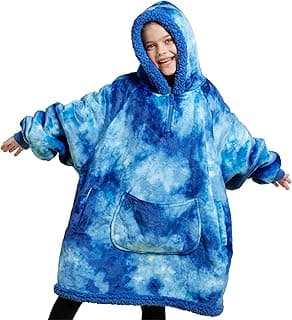 Wearable Blanket Hoodie for Girls and Boys Warm Cozy Sherpa Fleece Hooded Blanket Sweatshirt Oversized Hoodie with Giant Pocket & Sleeves for Kids Dark Blue Tie Dye