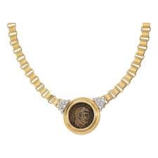 Vintage 14k Gold Diamond Old Bronze Coin Pendant Necklace | Chairish