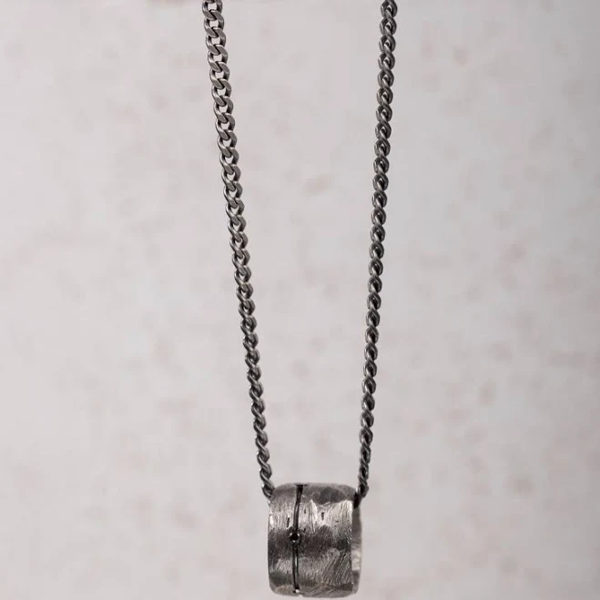Oxidized Silver Black Diamond Circle Pendant Necklace for Men