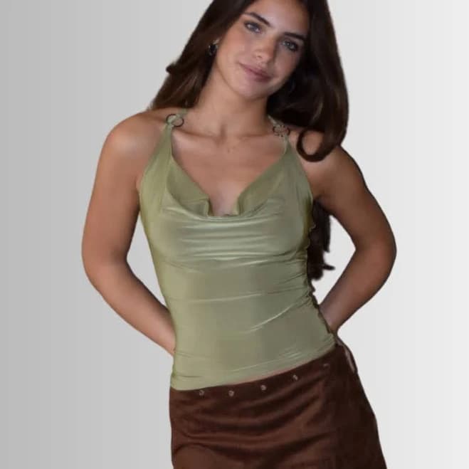 Slinky Gold Ring Detail Halter Top Sage SM / sage