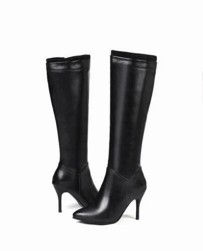 Knee High Boots Kitten Low Heel Faux Leather Pointed Toe Side Zipper Fall Long Tall Boots for Women