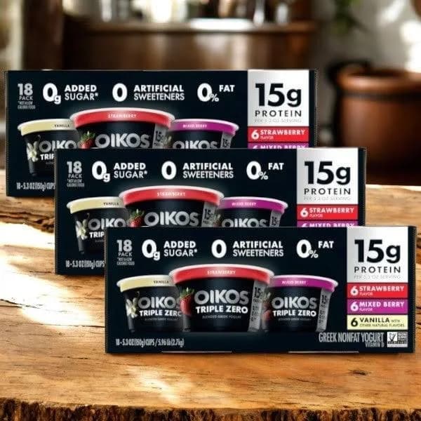 Oikos Triple Zero Greek Nonfat Yogurt, Variety Pack, 5.3 oz, 18-count, 3 Boxes- Easy Lunches
