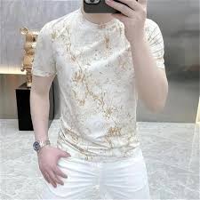 Men's Casual Short Sleeved Printed Breathable T-Shirt Round Neck Slim Fit Top Blue M | Amazon.com